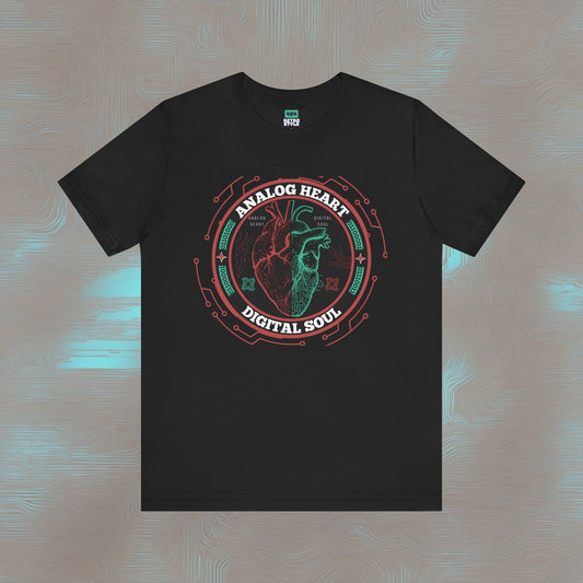 “Analog Heart, Digital Soul” Tee. Where retro beats sync with neon pulses.